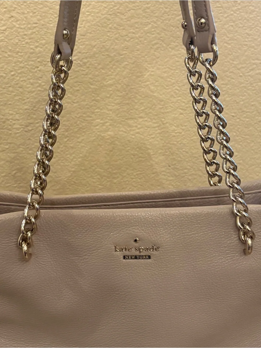 Kate Spade Beige Phoebe Emerson Shimmery Pebbled Gold Chain Leather Bag 8”x12”